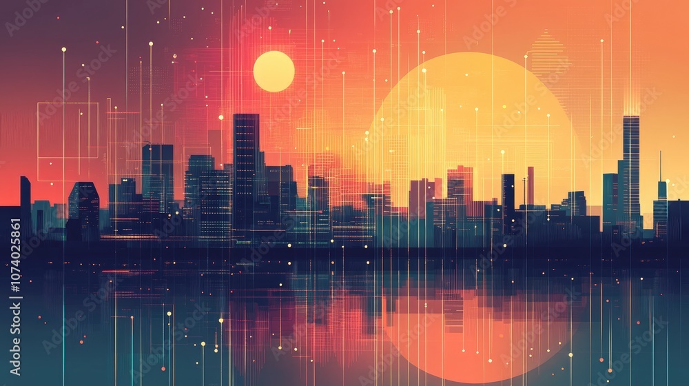 Poster double exposure of urban skyline and data graph representing modern information analysis and the ble