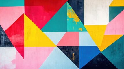 A vibrant geometric composition featuring triangles and squares enhanced with a risograph effect in a contemporary riso style