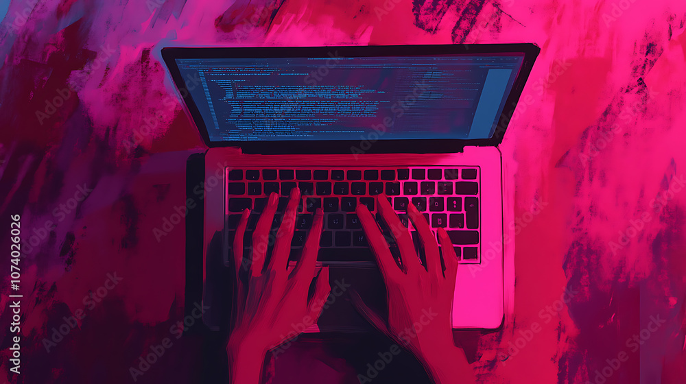 Poster Stylized illustration of a top-view laptop and hand, emphasizing the vibrant and dynamic concept of learning to code