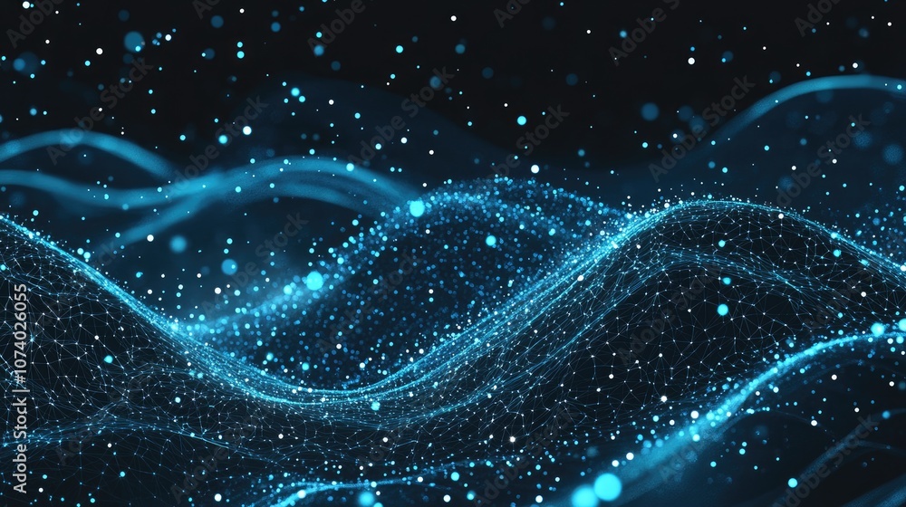 Poster blue technological grid wave background glowing digital cyber wave with light dots and lines abstrac