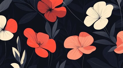 Fototapeta premium Seamless Floral Pattern Featuring Abstract Flowers And Leaves In Soft Pastel Tones On A Dark Background Modern Garden Inspired Design