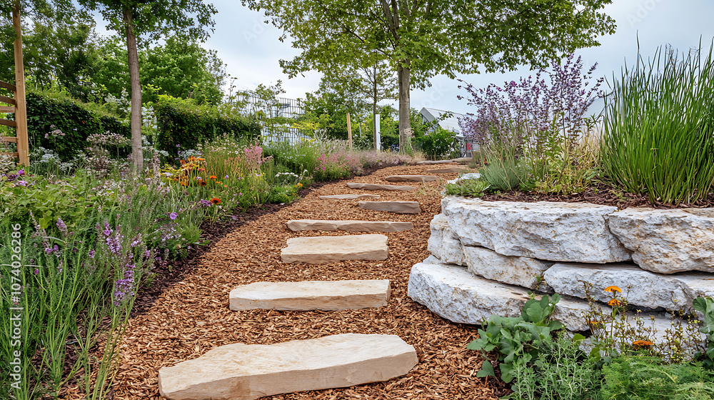 Poster detail of garden path with stone slabs with bark mulch and native plants, landscaping and gardening 