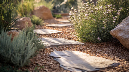 Detail of garden path with stone slabs with bark mulch and native plants, Landscaping and gardening concept