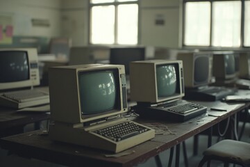 Vintage computers gathering dust in abandoned classroom