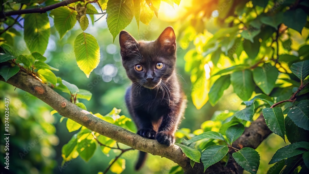 Poster Aerial View of a Curious Black Kitten Exploring the Branches of a Tree Surrounded by Lush Green Foliage in a Serene Outdoor Setting Captured from Above