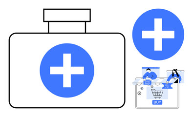 Obraz premium Large medical kit with blue cross, online shopping icons with healthcare elements. Ideal for telemedicine, online pharmacy, health apps, medical supplies, e-commerce, healthcare marketing, digital