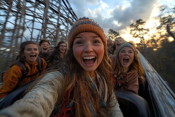 A group of friends on a roller coaster ride, laughing and screaming in excitement.