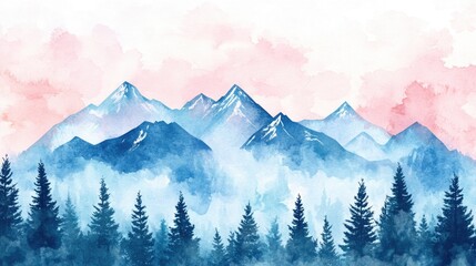 Obraz premium Mountain Landscape Background Hand Painted Watercolor Illustration Of Snow Capped Mountains Pines And Beautiful Sky