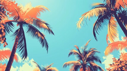Obraz premium Toned Large Palm Trees And Jungles Against Blue Summer Sky Abstract Tropical Wallpaper Modern Fine Art Or High Quality Photo