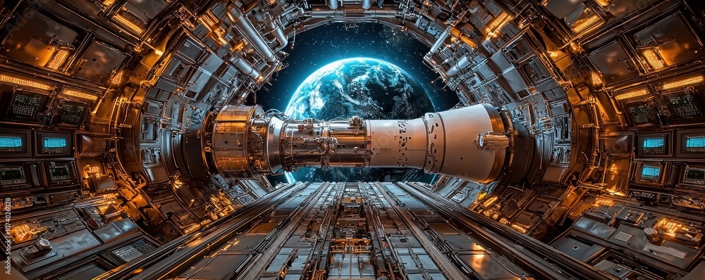 Poster A futuristic spaceship interior with Earth visible through a window.