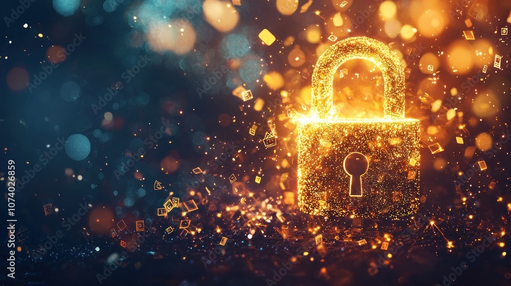 Poster Glittering Golden Padlock with Bokeh and Sparkles