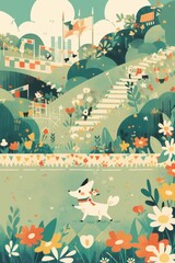 Charming Illustration of a Playful Dog in a Colorful Garden Landscape