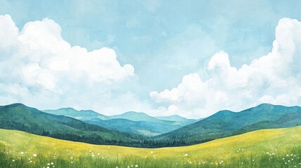 Refreshing And Joyful Landscape Painting Of Green Meadows And Mountains Blue Sky With White Clouds Banner With Copy Space