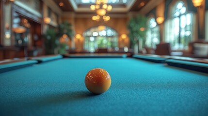 A single billiard ball rests on a green felt pool table in a luxurious hotel lobby.