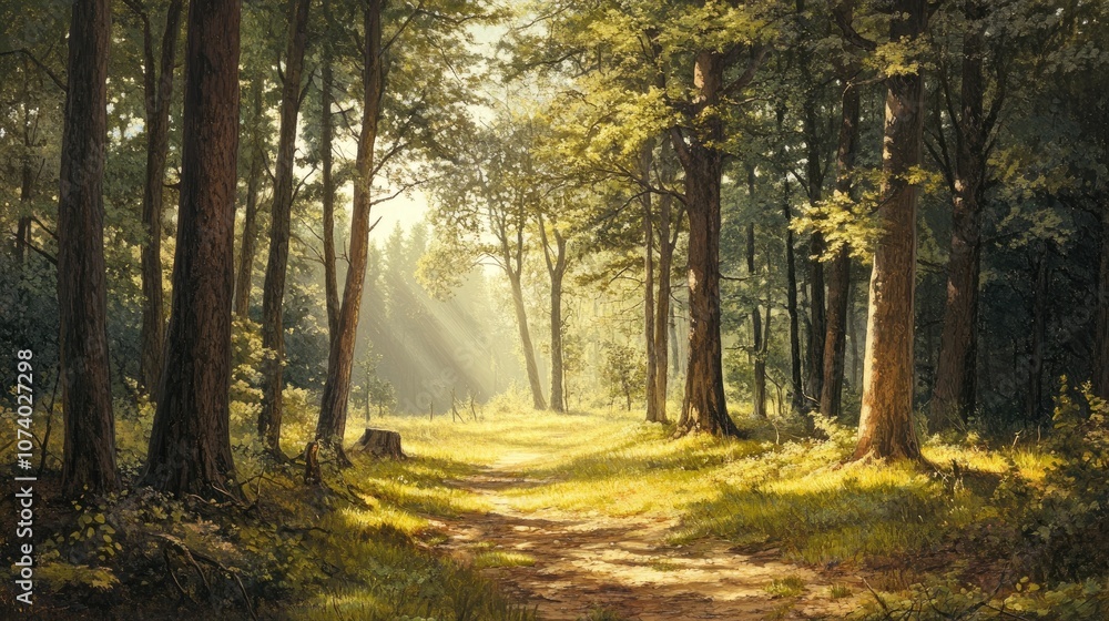 Poster Expansive forest scene with sunlight filtering through the branches of the trees