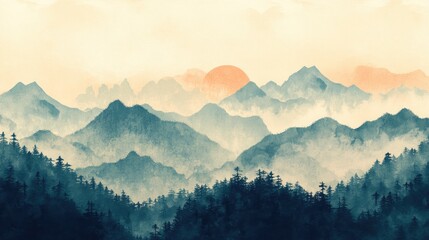 Obraz premium Ai Generated Chinese Foggy Minimalist Landscape Background In Watercolor And Oil Painting Style Asian Forest Mountain Scene