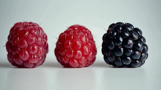 Two red raspberries and a black blackberry sit in a row on a white surface