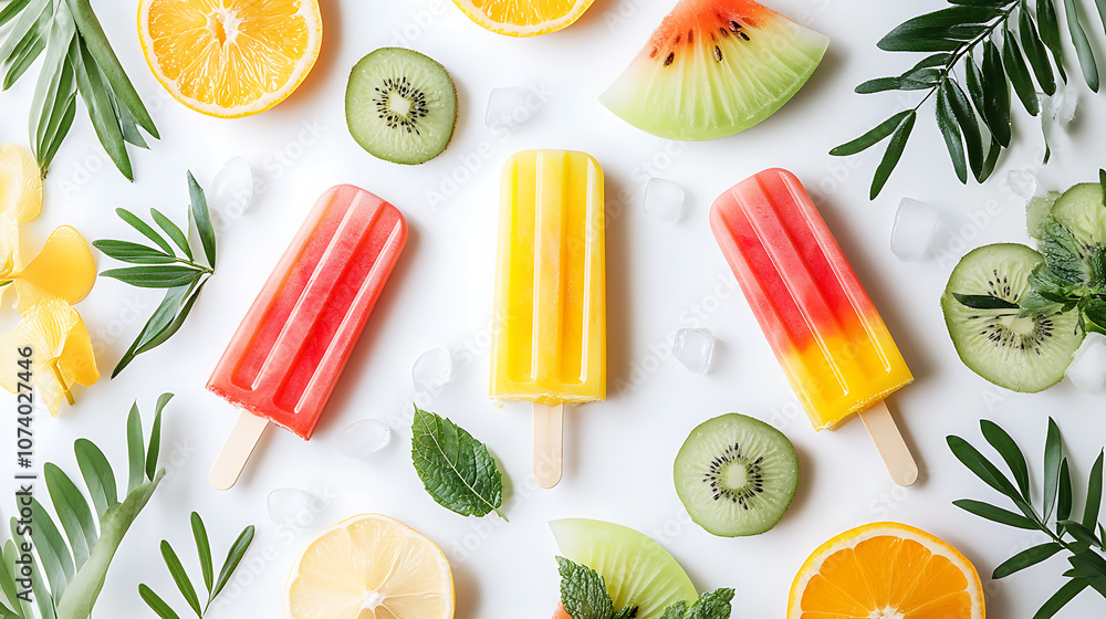 Poster hello summer, a summer themed popsicle design colorful and fun on white background