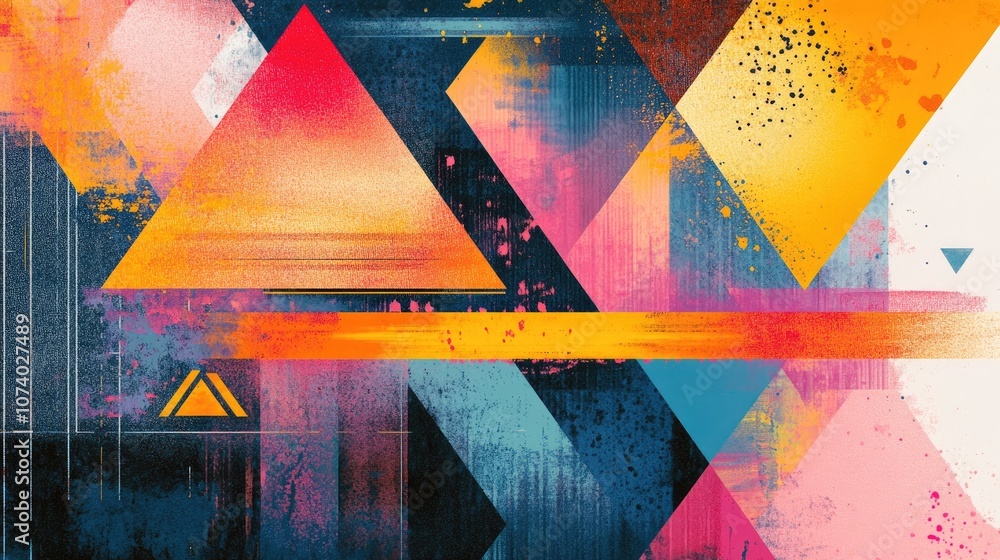 Poster a vibrant geometric composition featuring triangles and squares enhanced with a risograph effect in 
