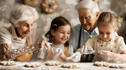 Grandparents and Grandchildren Baking Together. Grandparents helping kids bake cookies, with flour on their hands and big smiles