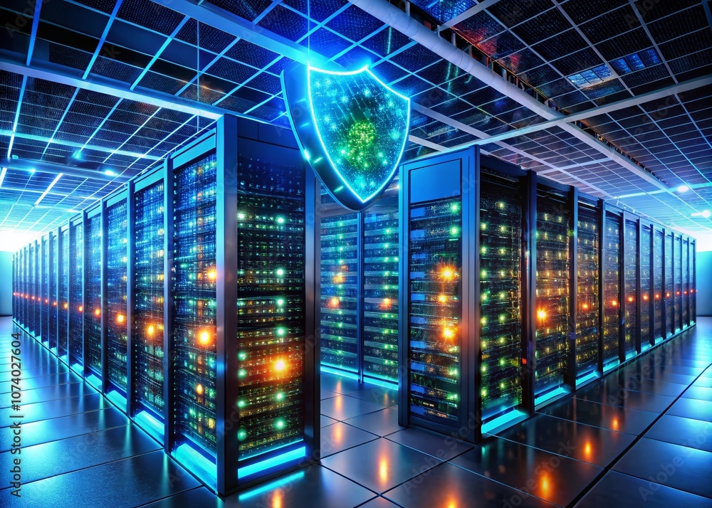 Aufkleber aerial view of a high-tech server room showcasing holographic shields that symbolize data protection