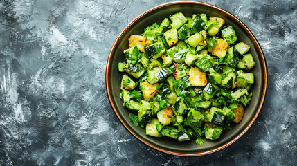 Grilled fried green vegetables in a plate on a stainless background, top view, close-up flat shot, view of healthy food cooked on grill