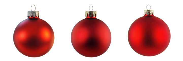 Collection of 3 red christmas ornaments isolated on transparent background