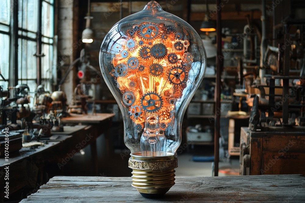 Aufkleber A Light Bulb Filled with Interlocking Gears in a Workshop Setting