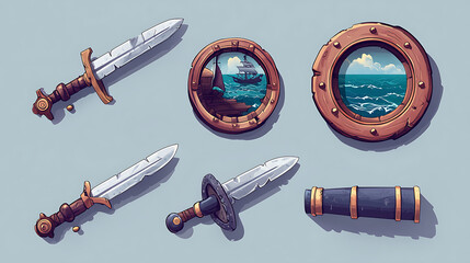 Isometric set featuring crossed pirate swords, a ship porthole with a seascape view, and a cannon icon in vector form
