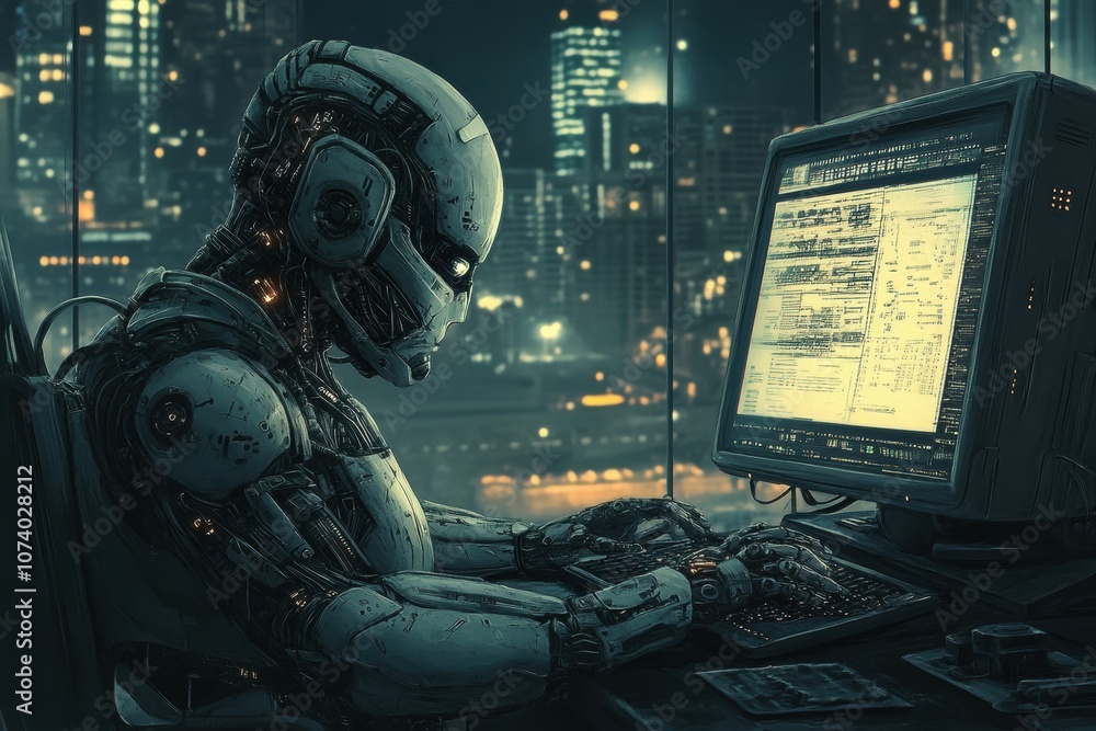 Poster robot software engineer working late at night in office with city view