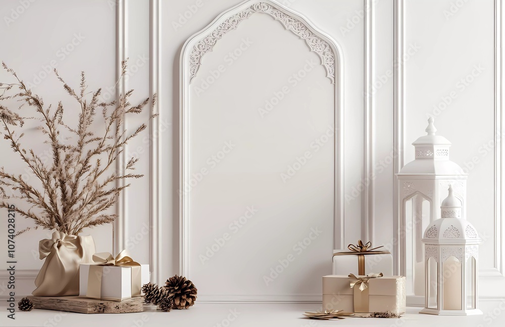 Poster 3d rendering of a white background with a lantern, gift box, and an arabic arch frame for the ramada