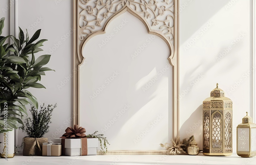 Poster 3d rendering of a white background with a lantern, gift box, and an arabic arch frame for the ramada