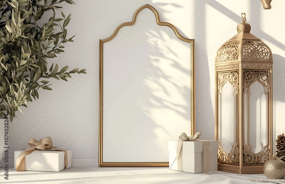 Poster 3d rendering of a white background with a lantern, gift box, and an arabic arch frame for the ramada