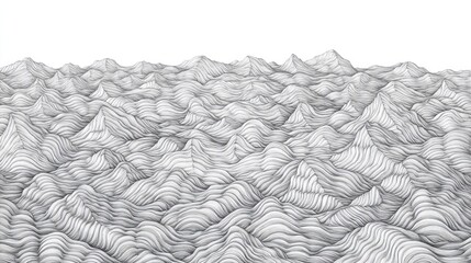 Intricate line art of mountain ridges, each peak and valley carefully drawn against white