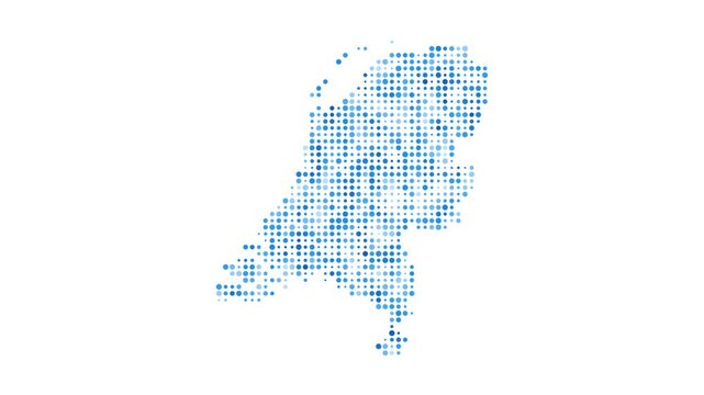 Netherlands dotted digital map. Map of the Netherlands with pulsating colored circles. Shape of the country filled with blue disks. Cool video.