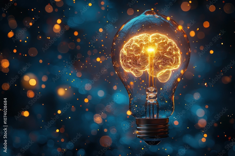 Aufkleber glowing brain inside a light bulb with a blue bokeh background