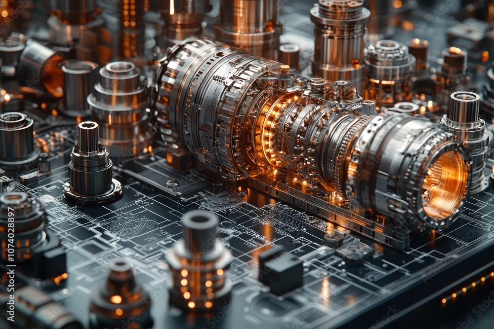 Poster close-up of a complex metal machine component on a circuit board