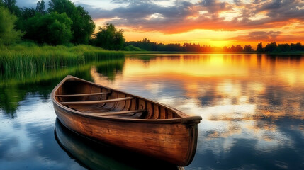 Obraz premium Relaxing view of a canoe in the water of a beautiful lake, shoreline at sunset, no one, Wooden boat on the calm fresh water of the lake, Nature relaxing wallpaper