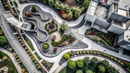 Aerial View of a Modern Sculpture Garden Surrounded by Lush Greenery, Showcasing Unique Art Installations and Pathways, Perfect for Landscape and Urban Exploration Themes