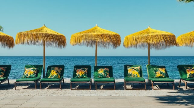 Tropical beach with yellow umbrellas and green sunbeds by the ocean for relaxing vacation - travel agency advertising concept