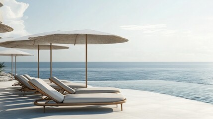 Obraz premium Idyllic beachfront resort with sun loungers and sea view for travel agency advertising