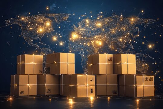 Cardboard boxes and global network representing worldwide shipping and delivery - Powered by Adobe