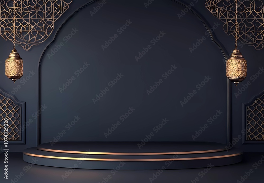 Fototapete simple vector dark blue background with golden islamic patterns and lanterns hanging on the wall, po