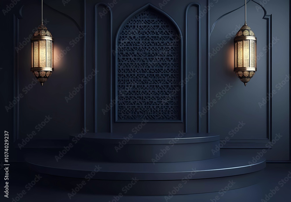 Fototapete simple vector dark blue background with golden islamic patterns and lanterns hanging on the wall, po