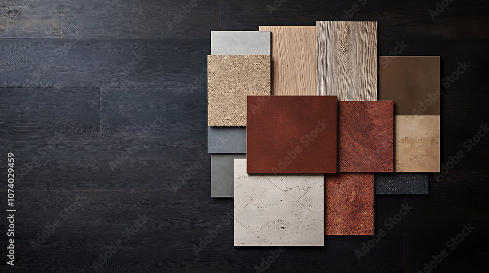 Poster Various samples of parquet and laminate flooring in natural colors are presented against a dark oak background in an overlapping arrangement