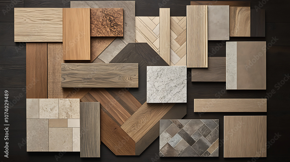 Poster various samples of parquet and laminate flooring in natural colors are presented against a dark oak 