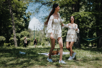 Obraz premium Capturing a moment of joy, two young women dance playfully in a lush green park on a bright sunny day, expressing happiness and freedom.