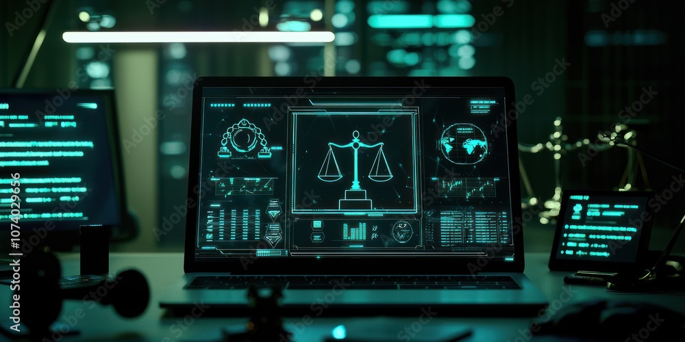 Poster a laptop displaying a digital representation of a scale of justice