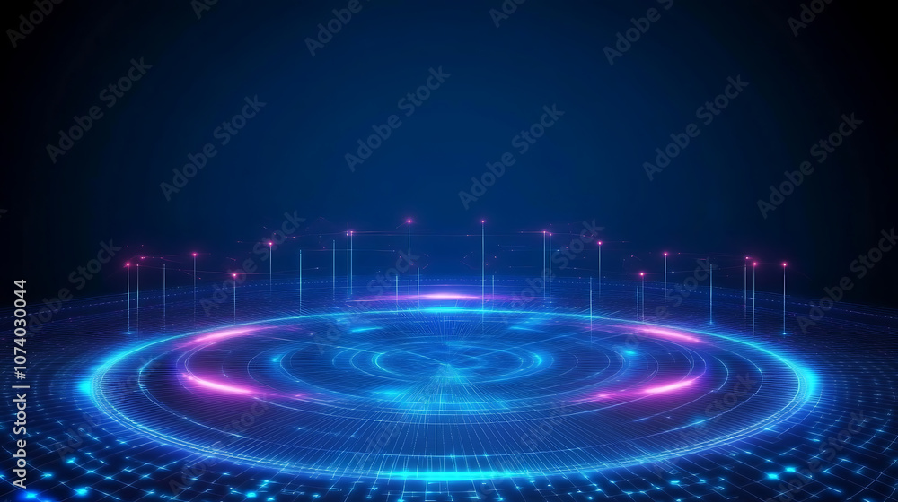 Poster Abstract network connections with glowing nodes and lines on dark blue digital background futuristic technology concept illustration
