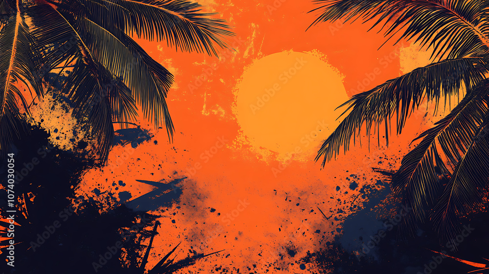 Poster abstract summer background with palm trees, sun and orange color